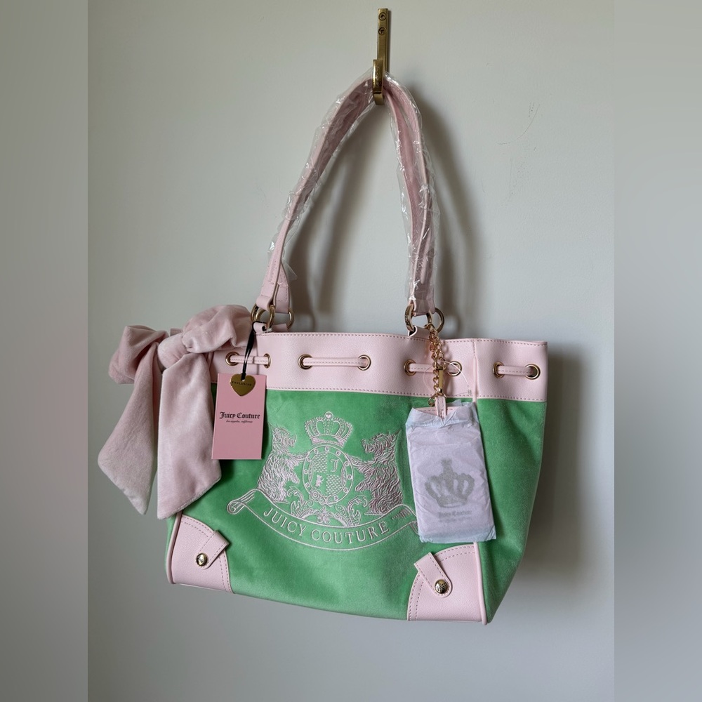 Juicy Couture Green Pink Scottie Dog velour Daydreamer Tote Bag